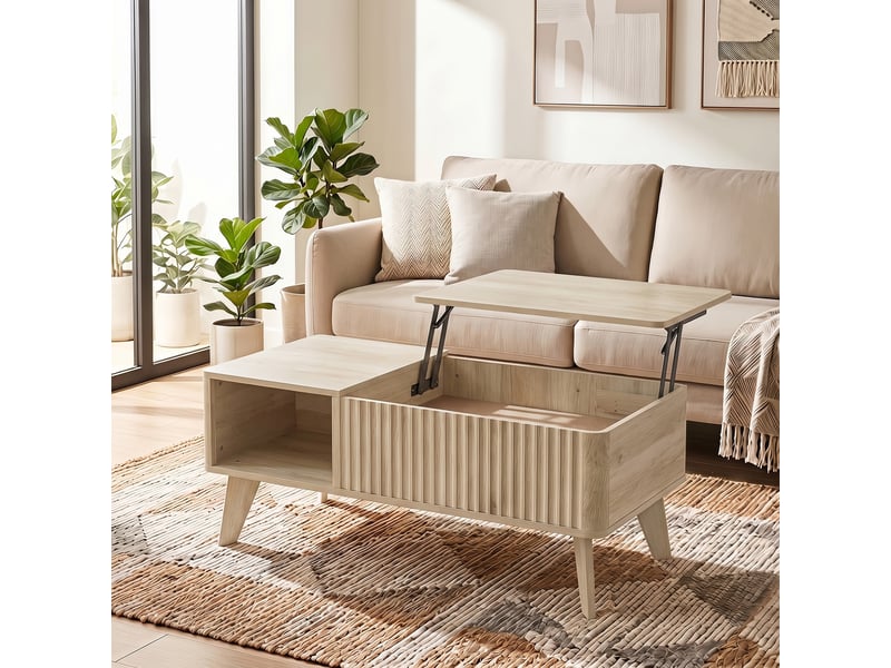  Table basse relevable, compartiment caché, 2 étagères ouvertes, coins arrondis, style mid-century, 100x48x41cm, chêne  - Conforama A