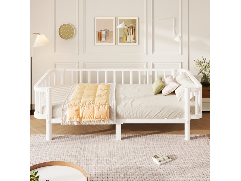 Lit simple 90 × 200 cm en acier avec sommier robuste à lattes, convertible en canapé blanc 209 × 98 × 57 cm - Conforama D