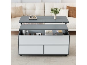 Table basse relevable 100x98x65 cm avec compartiments de rangement cachés, roulettes et tiroirs