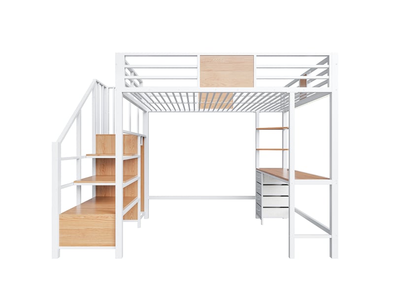  Lit mezzanine 140x200 cm avec bureau, étagères, penderie, lit enfant avec led et prise, métal mdf, blanc, sans matelas  - Conforama E