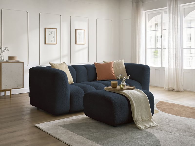  Bobochic canapé droit fixe 3 places talia tissu bouclette avec pouf bleu foncé TALIA - Conforama B