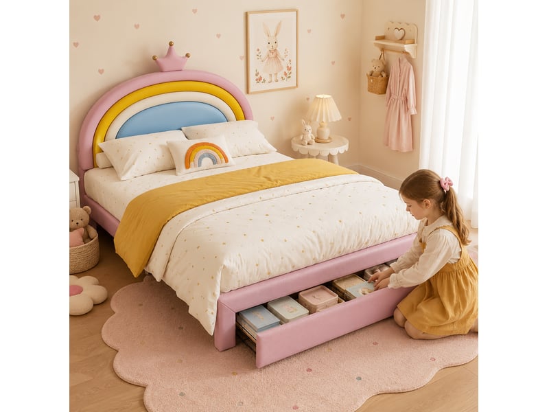  Lit enfant 140x200 cm avec tiroir et tête de lit rose  - Conforama D