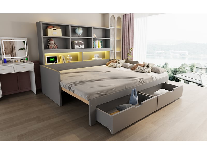 Lit banquette extensible 90 à 180x200 cm, 2 tiroirs, bibliothèque, led, prise et usb-c, panneaux de fibres mdf, gris - Conforama B