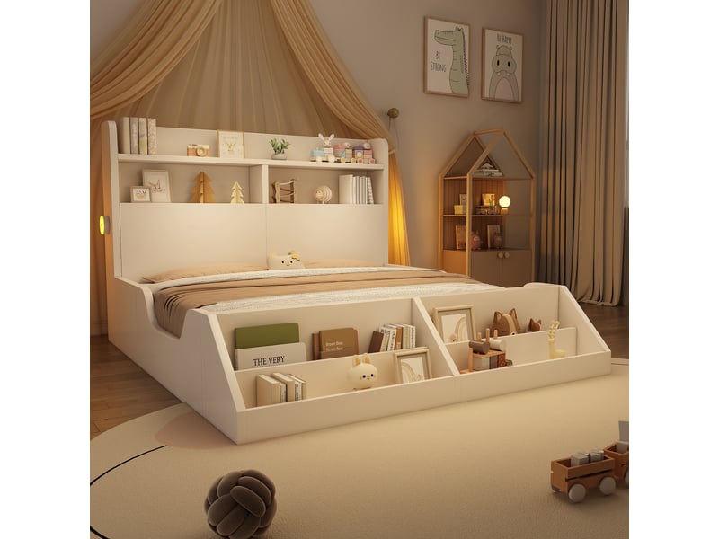  Lit double 200×140 cm avec étagères, bibliothèque amovible et 2 veilleuses, avec sommier, sans matelas, blanc  - Conforama C