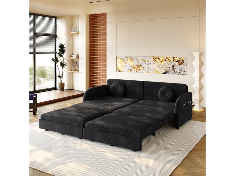  Canapé-lit 3 places 3 en 1 206 cm avec couchage king size, rangement latéral, méridienne et lit double extensible, chenille - noir  - Conforama D