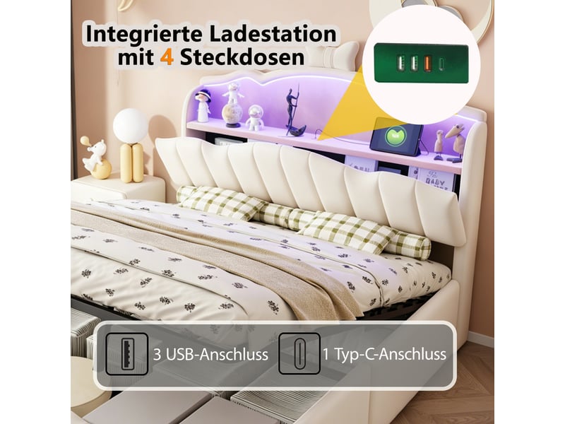  Lit coffre 2 places 140x200 cm - lit avec rangement hydraulique, tête de lit led, usb et usb-c - velours - beige  - Conforama D