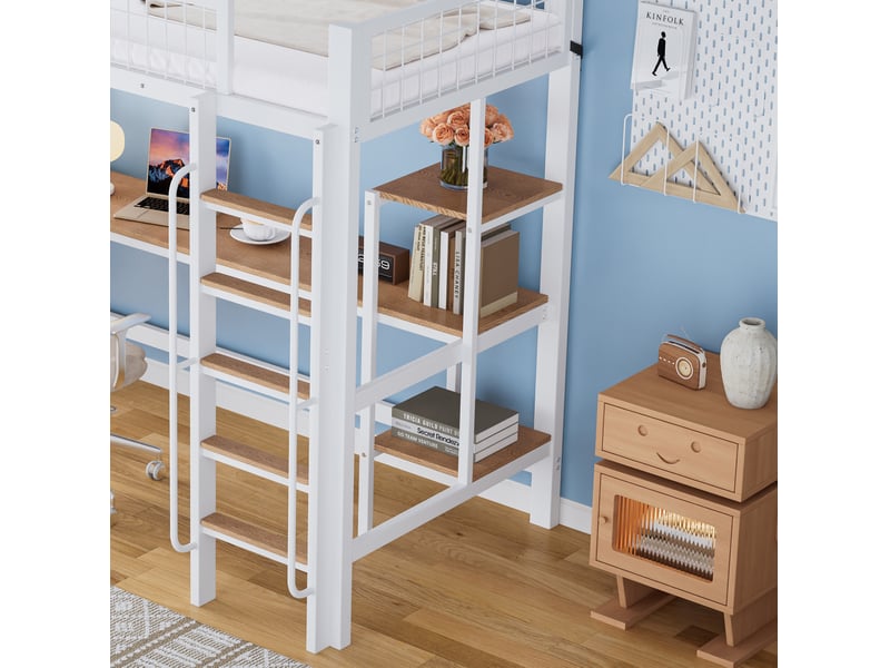  Lit mezzanine enfant 200×90 cm avec bureau et étagères, sans matelas, en métal et bois blanc et naturel  - Conforama E