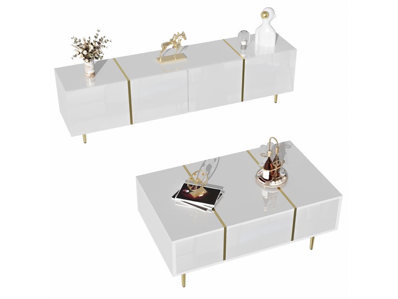  Meuble tv et table basse en mdf blanc laqué avec portes à fermeture douce  - Conforama R