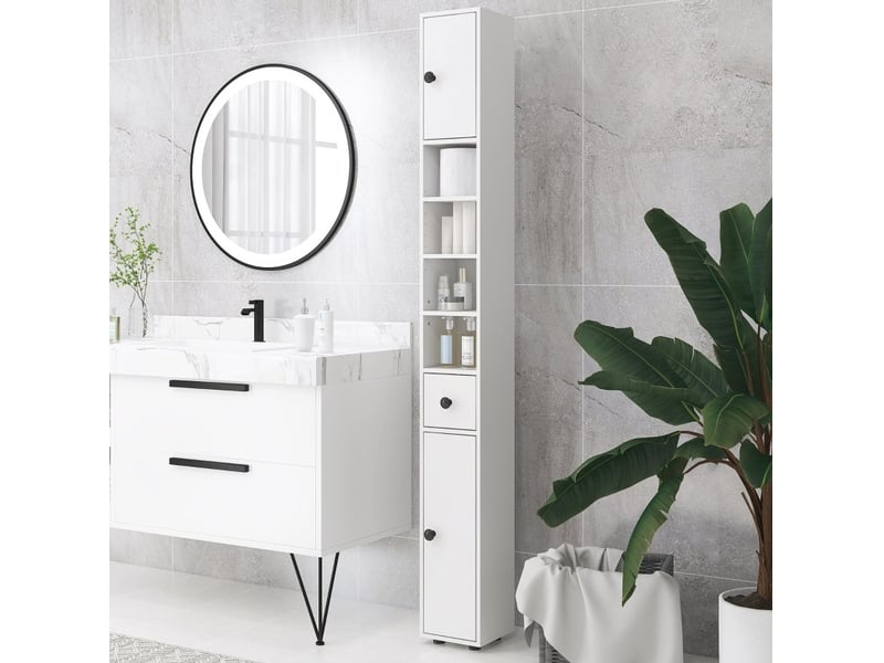  Meuble de salle de bain haut, 20x20x180 cm, avec tiroir et 4 niches, blanc  - Conforama B