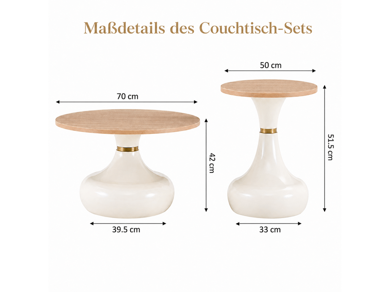 Tables basses gigognes rondes 2 pièces, plateaux mdf effet travertin, piètements métal blanc et doré, ø 70 cm - Conforama C