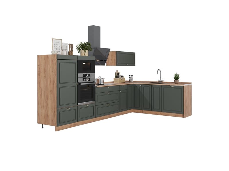  Vicco cuisine en angle, vert or campagnechêne de force doré, 347x60cm, pt anthracite  - Conforama E