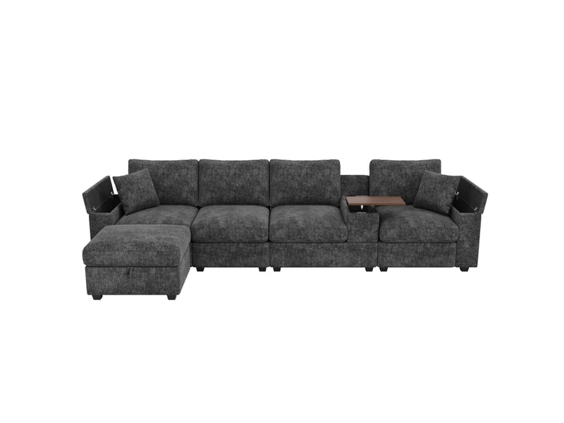  Canapé modulable en l 5 places gris avec pouf et table pivotante  - Conforama A
