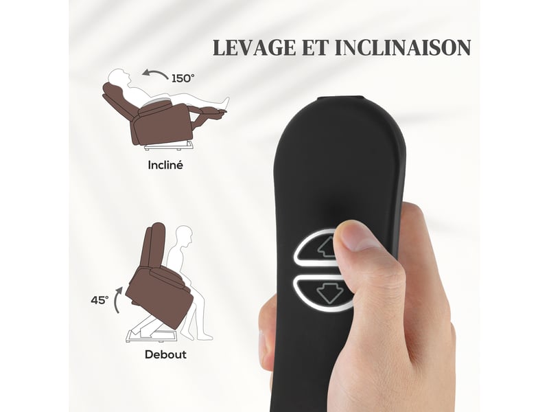  Fauteuil releveur électrique, massage et chauffage, repose-pieds, dossier inclinable, télécommande, 93x104x100cm, marron  - Conforama D