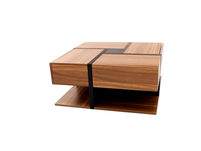  Table basse 78x78x36 cm avec 4 tiroirs et étagère basse, plateau carré à lignes contrastées, panneaux de particules, bois et noir ABC - Conforama A