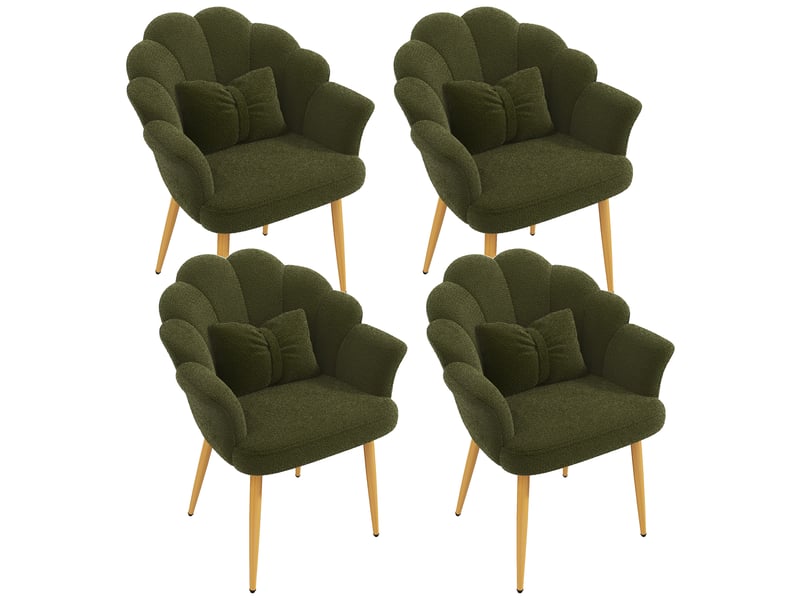  Lot de 4 fauteuils de salle à manger à dossier pétale en tissu teddy vert  - Conforama A