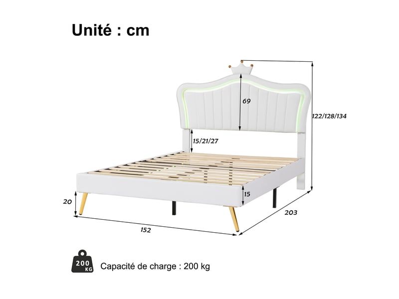  Lit double 140x200 cm - lit enfant capitonné avec cadre pu, éclairage led intégré, sans matelas, blanc  - Conforama C