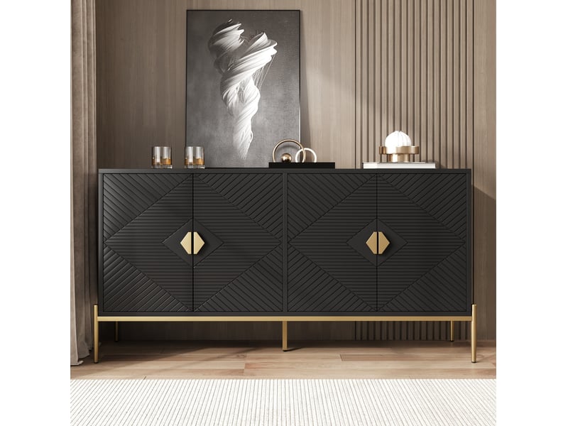  Buffet moderne 162x40x80 cm, design portes géométriques, pieds métal, mdf et panneau de particules, noir, rangement  - Conforama B