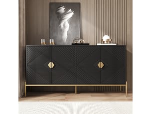 Buffet moderne 162x40x80 cm, design portes géométriques, pieds métal, mdf et panneau de particules, noir, rangement