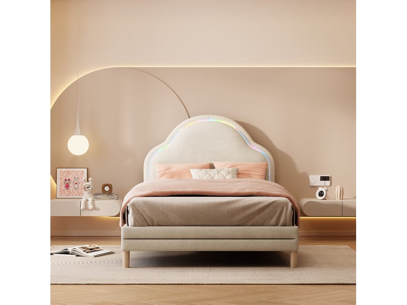  Modenvie lit enfant 90x200 cm - tête de lit nuage, led multicolore, sans matelas - beige  - Conforama D