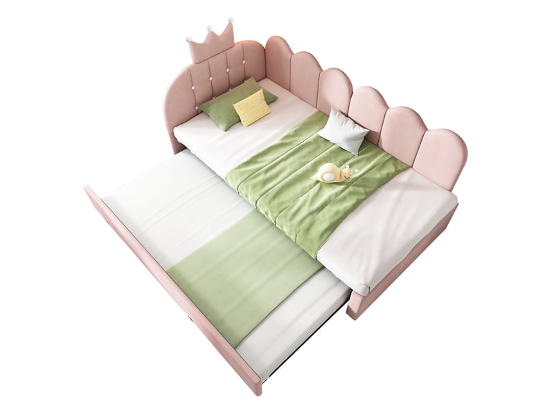  Canapé-lit pour enfant 90 × 200 cm, avec lit coulissant, forme en l, velours, rose  - Conforama A
