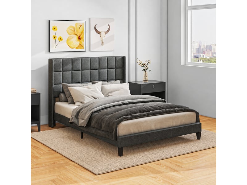 Lit double 135 x 190 cm avec tête capitonnée à oreilles et lattes en bois, tissu aspect lin gris - Conforama D