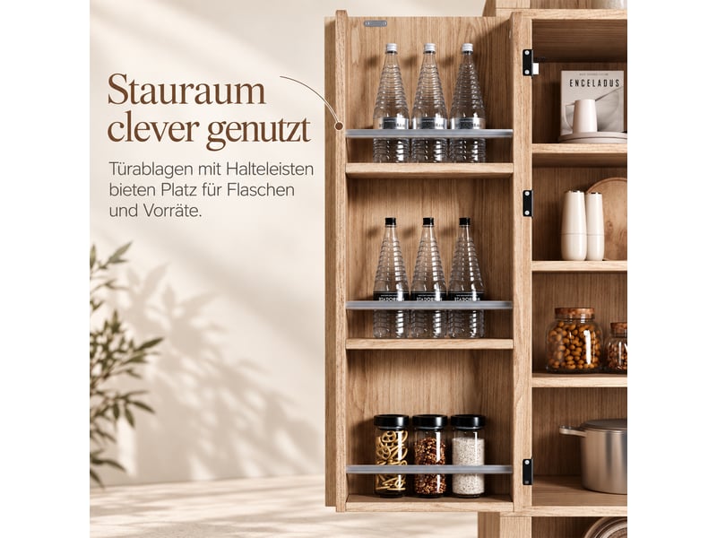  Buffet haute de cuisine 78x40x180 cm, portes à lattes, niche ouverte en arche, étagères réglables, rangements dans les portes, effet bois naturel  - Conforama E