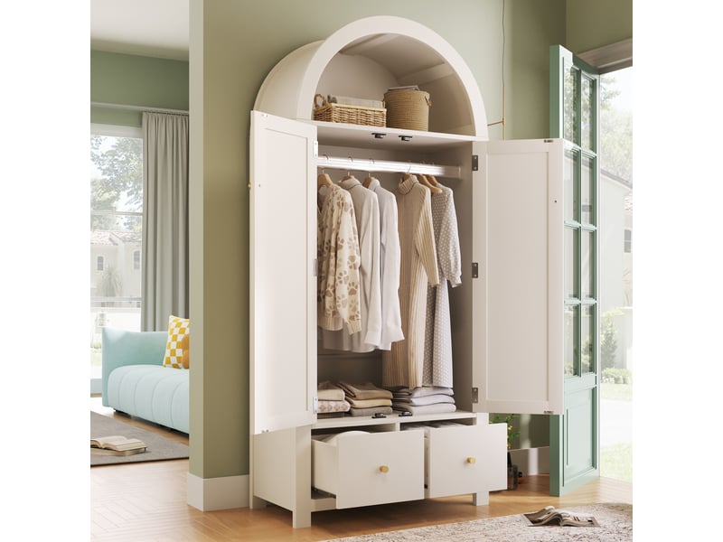 Armoire de chambre 181x78x45 cm avec sommet arqué et cannage rotin, armoire dressing avec 2 portes magnétiques, 2 tiroirs, tringle, blanc OPULERANE TRADING LTD - Conforama D