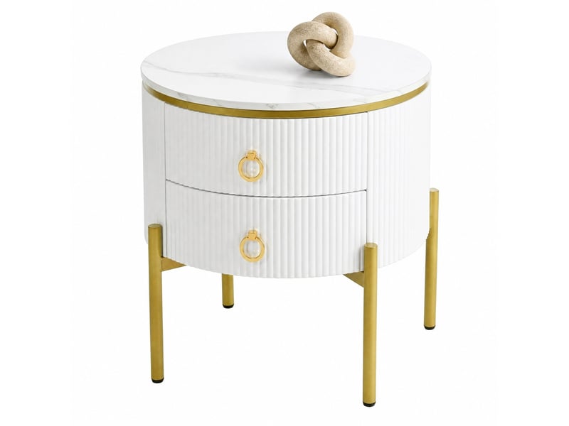  Table d’appoint ronde avec 2 tiroirs – décor marbre blanc et doré – ø 50 x h 51 cm  - Conforama A