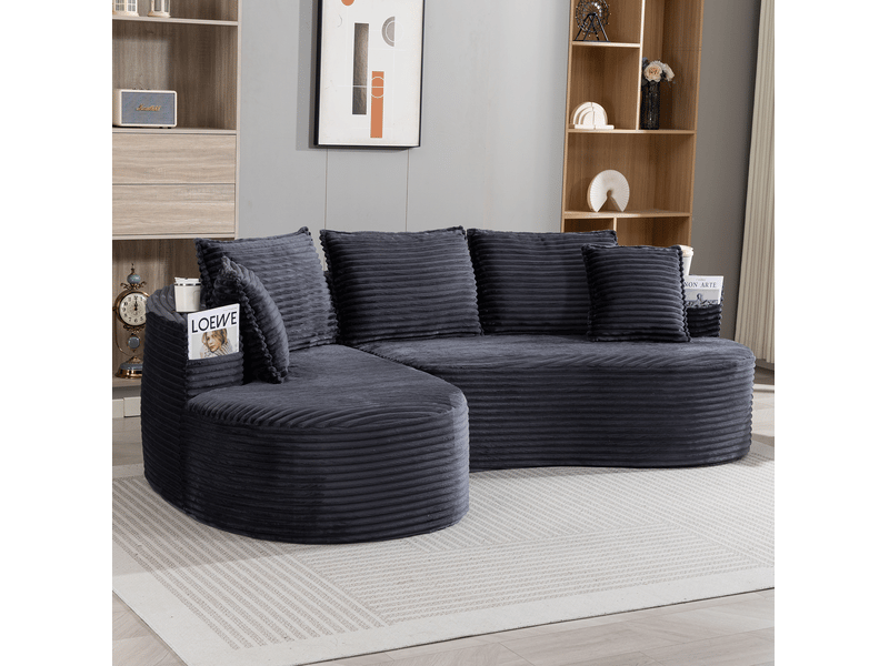  Canapé 3 places ulevr incurvé avec porte-gobelets et poches latérales, velours côtelé gris foncé 250 x 152 x 82 cm  - Conforama E