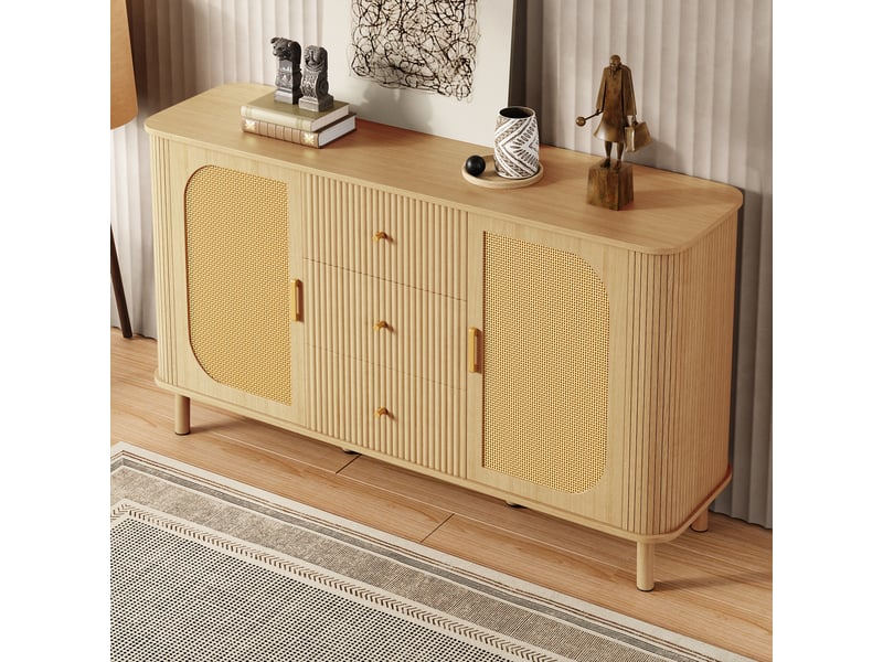 Buffet 2 portes avec tiroirs et passe-câbles pour salon en mdf 140×40×80 cm couleur naturelle - Conforama D
