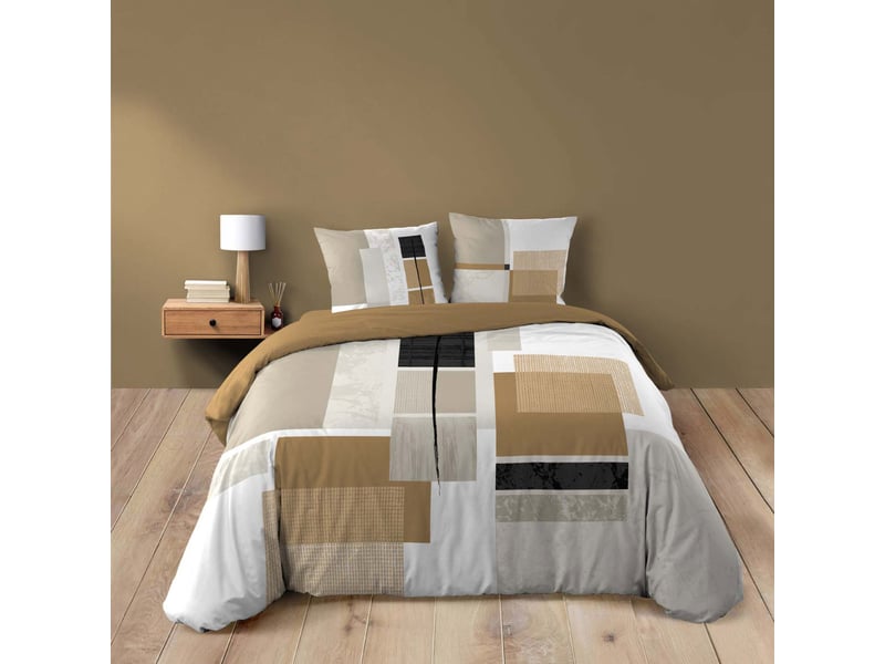  Parure de lit 3 pièces 260 x 240 cm quadro miel imprimé géométrique 1645315 - Conforama C