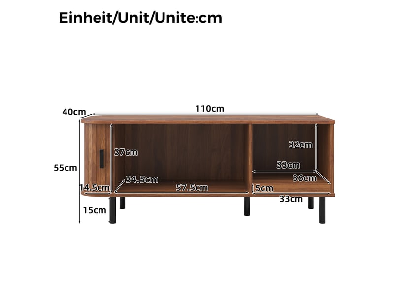 Table basse avec porte coulissante, table de salon moderne avec rangement, table d'appoint rectangulaire à lattes, table de chevet avec compartiment de rangement ouvert pour le salon - Conforama C