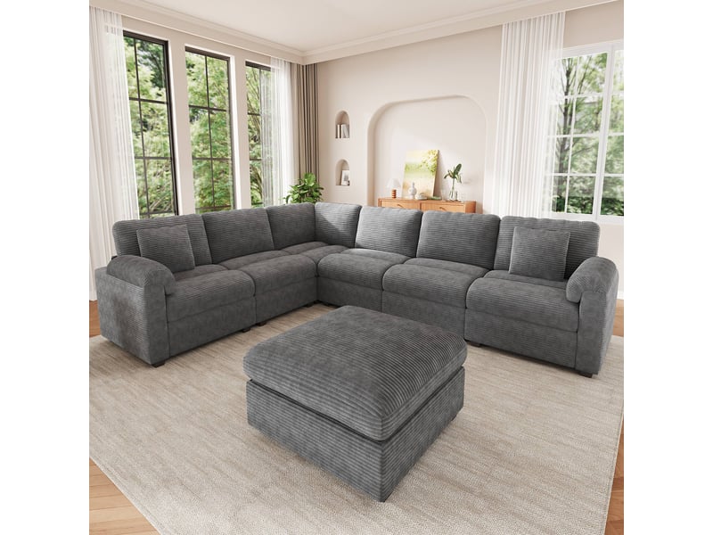  Canapé panoramique modulable 7 places 274,5x210,5x85,5 cm, forme ul, pouf séparé, velours côtelé, coussins pour salon - gris  - Conforama B