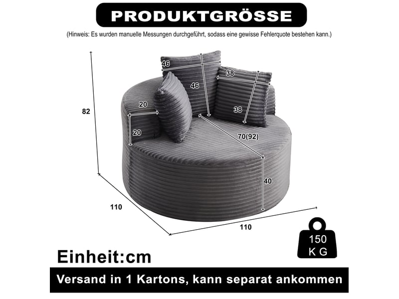  Canapé individuel circulaire en velours côtelé, 110 cm de diamètre, confort moelleux, lot de 3 coussins d’appoint, gris  - Conforama C