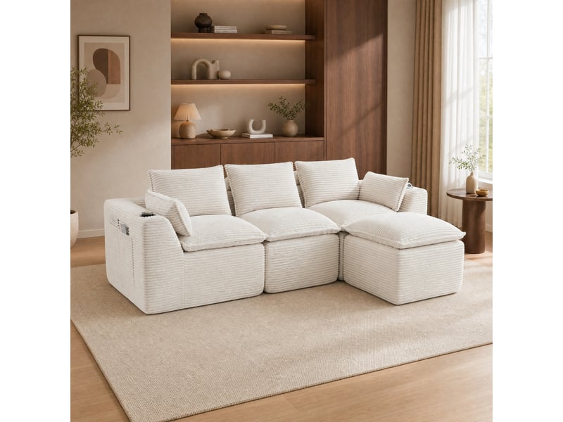 Canapé modulable 3 places avec repose-pieds, coussins, porte-boisson et 2 poches latérales en velours côtelé beige - Conforama D
