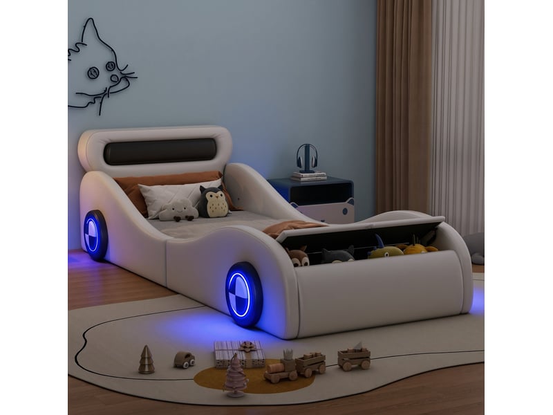  Lit enfant 90 × 200 cm en forme de voiture avec coffre au pied et quatre roues lumineuses, revêtement blanc en polyuréthane  - Conforama D