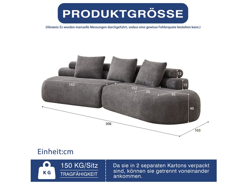  Canapé modulaire 3 places 306x103 cm – gris anthracite – forme incurvée, 3 éléments en chenille entièrement arrondi  - Conforama C