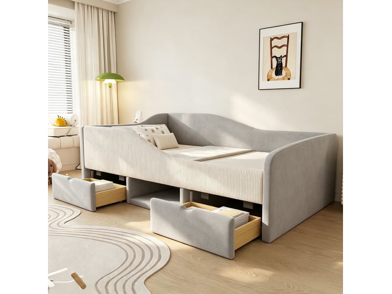  Lit avec rangement, 90x190 cm, avec 2 tiroirs pratiques, barrières de sécurité, matelas non inclus, mdf, coloris gris  - Conforama E