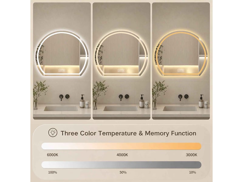 Miroir led 70 x 63 cm blanc en verre 5 mm rond à fond plat tactile antibuée éclairage réglable pour salle de bain - Conforama B