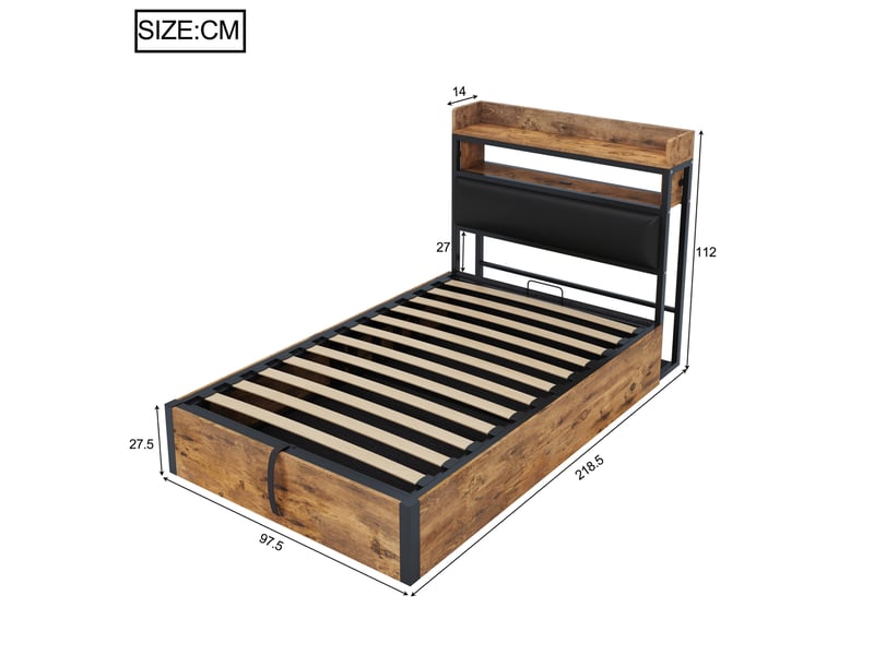 Lit coffre 90x200cm moderne rangement sous-lit tête rembourrée ports usb design rétro bois et métal noir sans matelas - Conforama C
