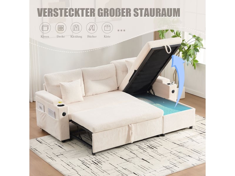  Canapé revêtement en velours côtelé rangement intégré porte-gobelets intégrés port usb-c chaise longue hydraulique lit tiroir design moderne  - Conforama D