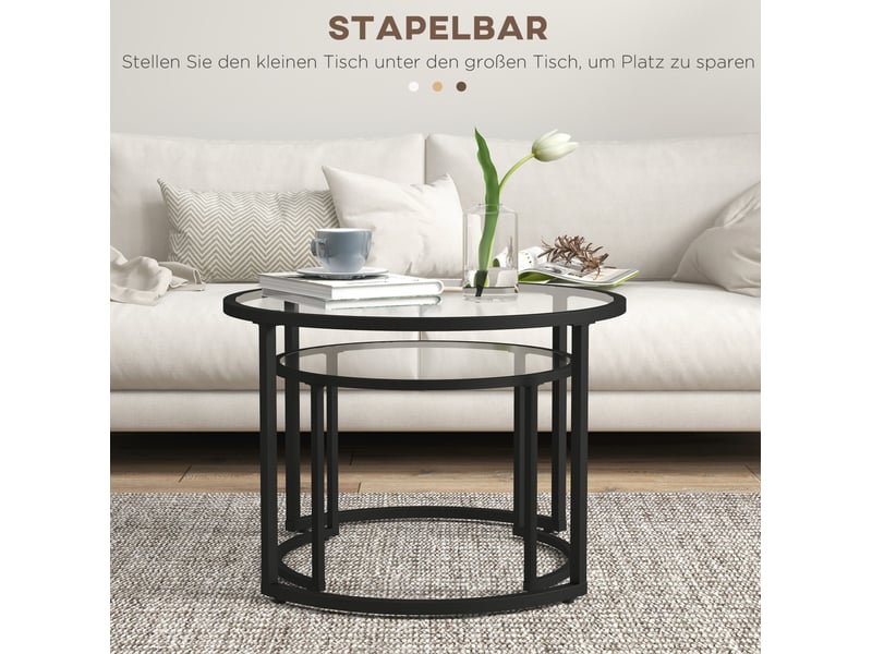  Set de 2 tables d'appoint rondes empilables avec plateau en verre trempé et pied en acier noir pour salon et salon  - Conforama C