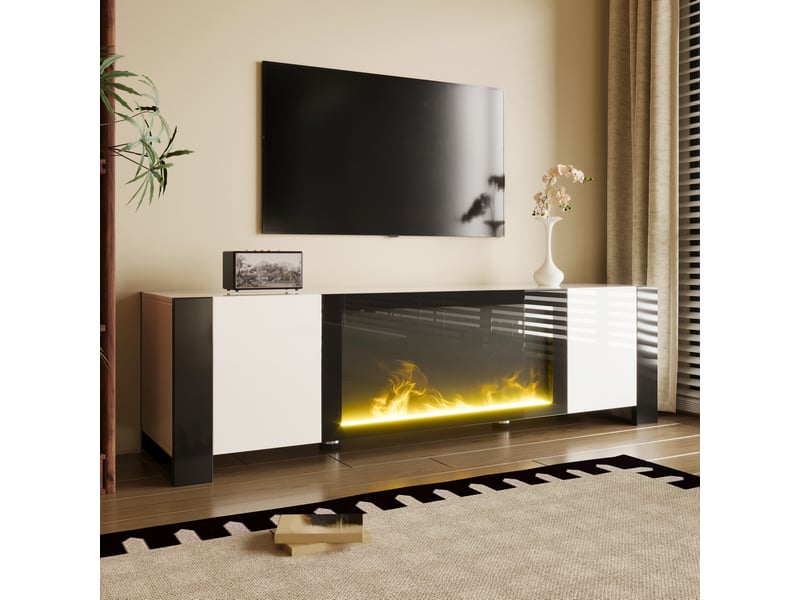  Meuble tv 165x32x55 cm avec foyer électrique décoratif effet flamme, blanc et noir  - Conforama B