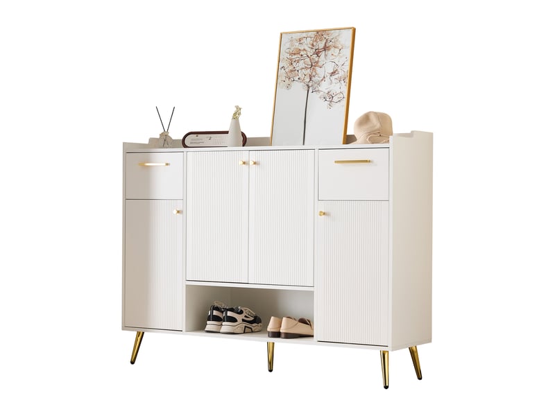  Meuble à chaussures blanc – 2 tiroirs, 4 portes et niche ouverte – 130 x 37 x 100 cm  - Conforama A