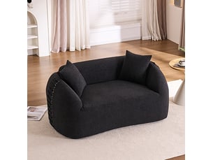 Canapé droit fixe 2 places noir en tissu texturé, 155 cm, avec coussins et lacets décoratifs aux accoudoirs
