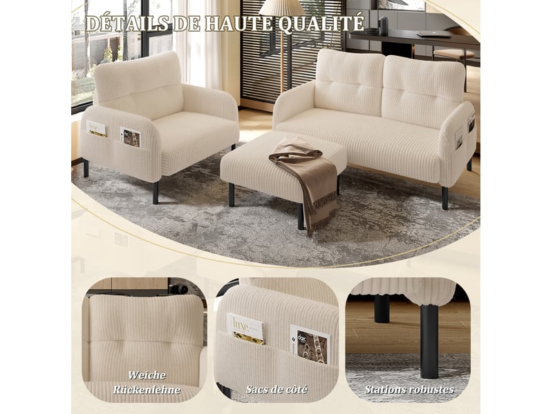  Ensemble de canapés 2 places avec fauteuil et repose-pieds, pochette latérale, dossier, pour le salon, velours, beige  - Conforama D