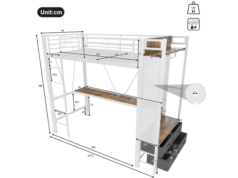  Lit mezzanine 90x200 cm avec bureau, étendoir, étagères, 4 tiroirs, usb, led, blanc, sans matelas  - Conforama C