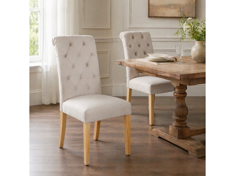  Lot de 2 chaises de salle à manger en velours beige avec pieds en chêne  - Conforama B
