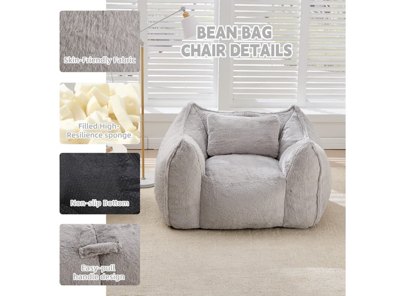 Fauteuil pouf géant 123 x 97 x 73 cm, fausse fourrure, mousse haute densité, coussin inclus pour salon et chambre - gris - Conforama E