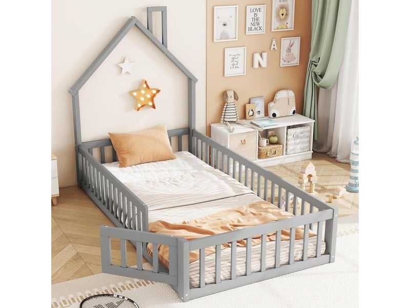  Lit enfant 90x200cm, lit cabane bois forme cheminée, barrières sécurité, sommier lattes, gris  - Conforama C